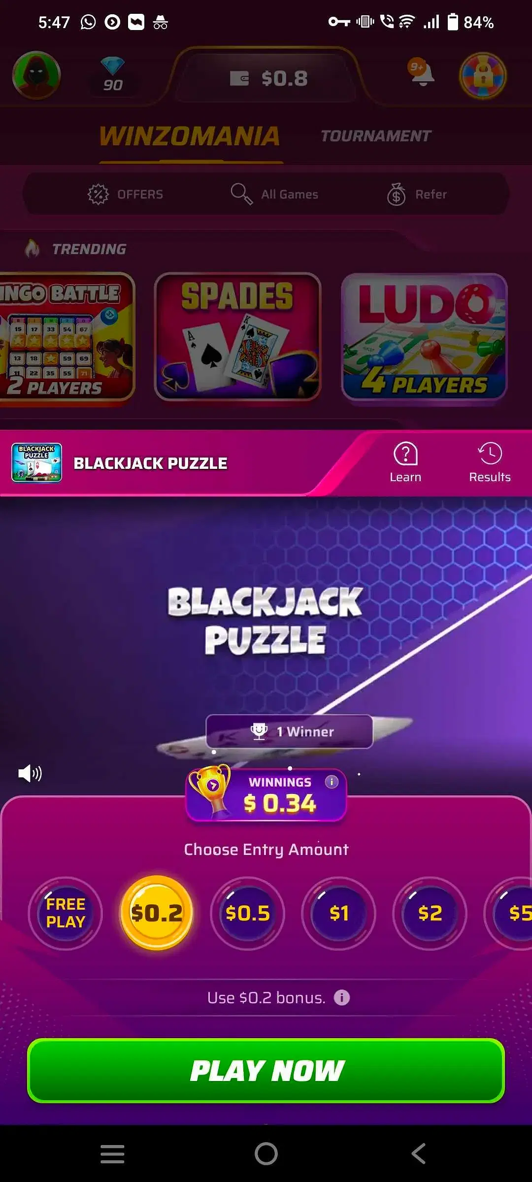 Step to play online Blackjack Puzzle